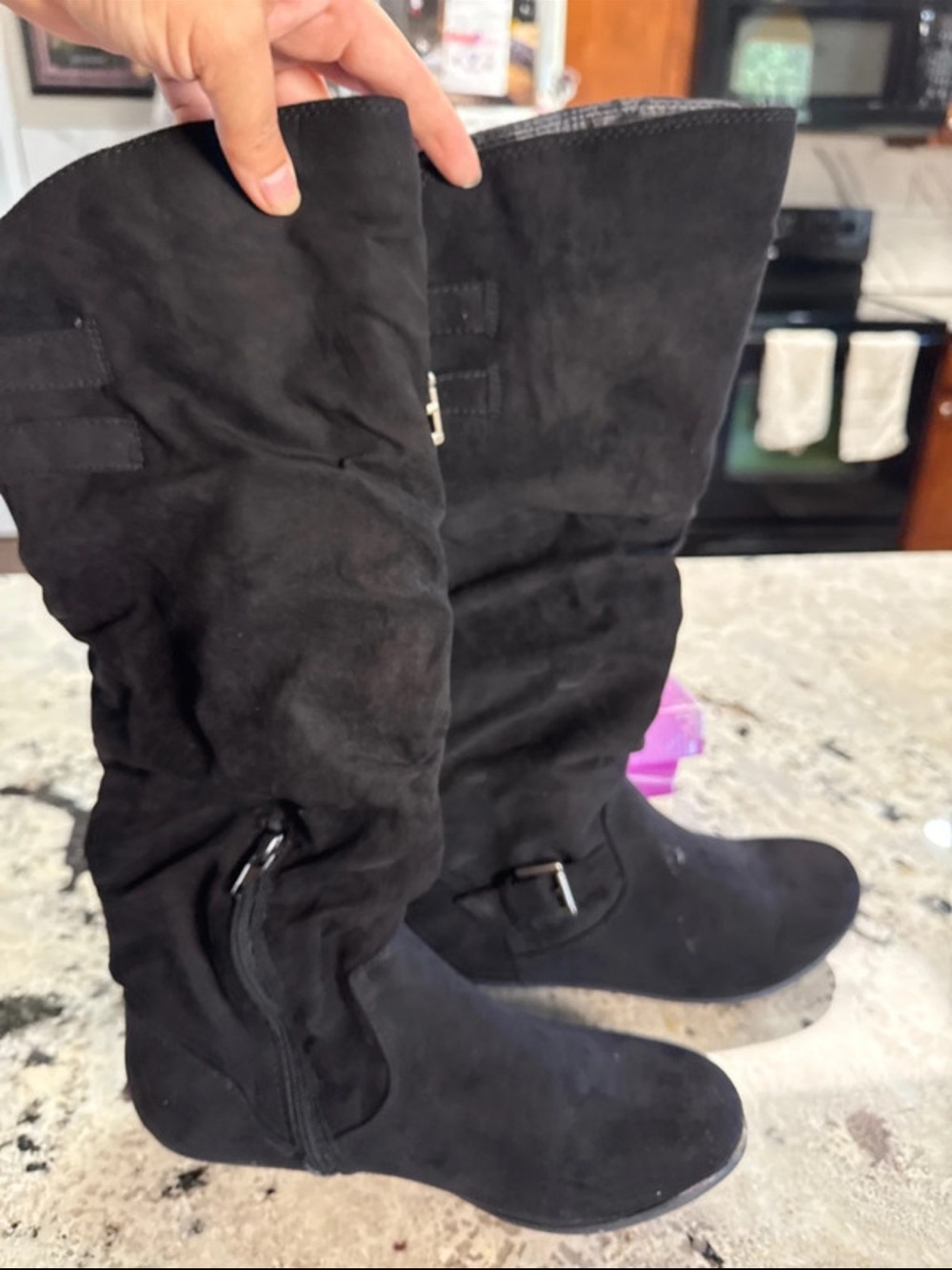 Rampage Black Suede Slouch Knee-High Heeled Boots